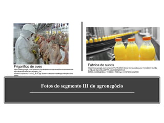 Fotos do segmento III do agronegócio
Frigorífico de aves
https://www.google.com.br/search?q=abatedouro+de+aves&source=lnms&tbm
=isch&sa=X&ved=0ahUKEwj66_On-
a3aAhVDDpAKHf7YA1EQ_AUICygC&biw=1536&bih=760#imgrc=9hqfMZi3na
5tMM:
Fábrica de sucos
https://www.google.com.br/search?q=f%C3%A1brica+de+sucos&source=lnms&tbm=isch&s
a=X&ved=0ahUKEwi42PTT-a3aAhUGOZAKHc5-
BMMQ_AUIDCgD&biw=1536&bih=760#imgrc=kVSPdOOnbQyRiM:
 