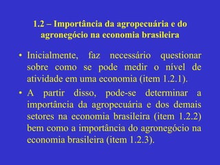 1.2 – Importância da agropecuária e do
agronegócio na economia brasileira
• Inicialmente, faz necessário questionar
sobre como se pode medir o nível de
atividade em uma economia (item 1.2.1).
• A partir disso, pode-se determinar a
importância da agropecuária e dos demais
setores na economia brasileira (item 1.2.2)
bem como a importância do agronegócio na
economia brasileira (item 1.2.3).
 