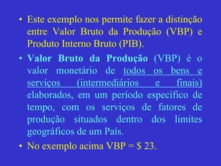 • Este exemplo nos permite fazer a distinção
entre Valor Bruto da Produção (VBP) e
Produto Interno Bruto (PIB).
• Valor Bruto da Produção (VBP) é o
valor monetário de todos os bens e
serviços (intermediários e finais)
elaborados, em um período específico de
tempo, com os serviços de fatores de
produção situados dentro dos limites
geográficos de um País.
• No exemplo acima VBP = $ 23.
 
