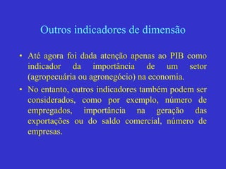 Outros indicadores de dimensão
• Até agora foi dada atenção apenas ao PIB como
indicador da importância de um setor
(agropecuária ou agronegócio) na economia.
• No entanto, outros indicadores também podem ser
considerados, como por exemplo, número de
empregados, importância na geração das
exportações ou do saldo comercial, número de
empresas.
 
