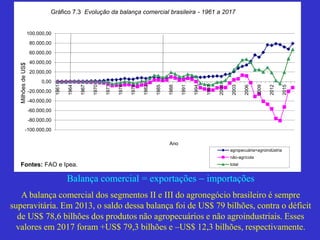 Balança comercial = exportações  importações
A balança comercial dos segmentos II e III do agronegócio brasileiro é sempre
superavitária. Em 2013, o saldo dessa balança foi de US$ 79 bilhões, contra o déficit
de US$ 78,6 bilhões dos produtos não agropecuários e não agroindustriais. Esses
valores em 2017 foram +US$ 79,3 bilhões e –US$ 12,3 bilhões, respectivamente.
-100.000,00
-80.000,00
-60.000,00
-40.000,00
-20.000,00
0,00
20.000,00
40.000,00
60.000,00
80.000,00
100.000,00
1961
1964
1967
1970
1973
1976
1979
1982
1985
1988
1991
1994
1997
2000
2003
2006
2009
2012
2015
Milhões
de
US$
Ano
Gráfico 7.3 Evolução da balança comercial brasileira - 1961 a 2017
agropecuária+agroindústria
não-agrícola
total
Fontes: FAO e Ipea.
 