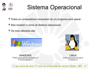 Sistema Operacional
 Todos os computadores necessitam de um programa para operar.
 Eles recebem o nome de Sistema Operacional.
 Os mais utilizados são:
WINDOWS
 90% computadores domésticos 
 Comercializado 
LINUX
 90% servidores de rede 
 Gratuito 
O que seria de uma TV sem as emissoras de canais (Globo, SBT...)?
 