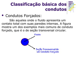  Condutos Forçados:
São aqueles onde o fluido apresenta um
contato total com suas paredes internas. A figura
mostra um dos exemplos mais comuns de conduto
forçado, que é o de seção transversal circular.
Classificação básica dos
condutos
 