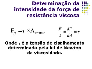 Determinação da
intensidade da força de
resistência viscosa
contato
A
F 


Onde  é a tensão de cisalhamento
determinada pela lei de Newton
da viscosidade.
F
A
dF
dA
 
 
