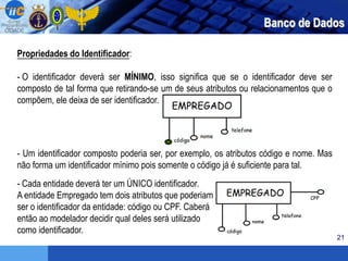 21
Banco de Dados
Propriedades do Identificador:
- O identificador deverá ser MÍNIMO, isso significa que se o identificador deve ser
composto de tal forma que retirando-se um de seus atributos ou relacionamentos que o
compõem, ele deixa de ser identificador.
- Um identificador composto poderia ser, por exemplo, os atributos código e nome. Mas
não forma um identificador mínimo pois somente o código já é suficiente para tal.
- Cada entidade deverá ter um ÚNICO identificador.
A entidade Empregado tem dois atributos que poderiam
ser o identificador da entidade: código ou CPF. Caberá
então ao modelador decidir qual deles será utilizado
como identificador.
 