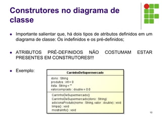 Construtores no diagrama de
classe
 Importante salientar que, há dois tipos de atributos definidos em um
diagrama de classe: Os indefinidos e os pré-definidos;
 ATRIBUTOS PRÉ-DEFINIDOS NÃO COSTUMAM ESTAR
PRESENTES EM CONSTRUTORES!!!
 Exemplo:
10
 
