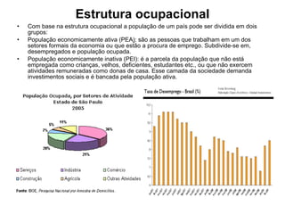 Estrutura ocupacional Com base na estrutura ocupacional a população de um país pode ser dividida em dois grupos: População economicamente ativa (PEA ) : são as pessoas que trabalham em um dos setores formais da economia ou que estão a procura de emprego. Subdivide-se em, desempregados e população ocupada. População economicamente inativa (PEI): é a parcela da população que não está empregada como crianças, velhos, deficientes, estudantes etc., ou que não exercem atividades remuneradas como donas de casa. Esse camada da sociedade demanda investimentos sociais e é bancada pela população ativa. 