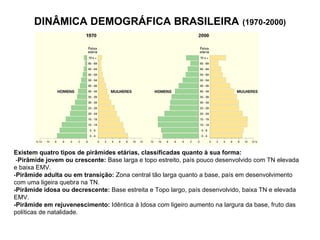 DINÂMICA DEMOGRÁFICA BRASILEIRA   (1970-2000) Existem quatro tipos de pirâmides etárias, classificadas quanto à sua forma:   - Pirâmide jovem ou crescente:  Base larga e topo estreito, país pouco desenvolvido com TN elevada e baixa EMV. - Pirâmide adulta ou em transição:  Zona central tão larga quanto a base, país em desenvolvimento com uma ligeira quebra na TN.  -Pirâmide idosa ou decrescente:  Base estreita e Topo largo, país desenvolvido, baixa TN e elevada EMV. -Pirâmide em rejuvenescimento:  Idêntica à Idosa com ligeiro aumento na largura da base, fruto das políticas de natalidade. 