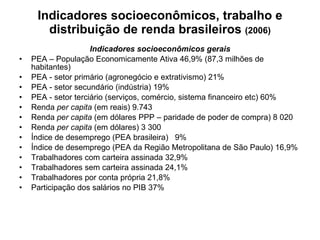 Indicadores socioeconômicos, trabalho e distribuição de renda brasileiros  (2006) Indicadores socioeconômicos gerais PEA – População Economicamente Ativa 46,9% (87,3 milhões de habitantes) PEA - setor primário (agronegócio e extrativismo) 21% PEA - setor secundário (indústria) 19% PEA - setor terciário (serviços, comércio, sistema financeiro etc) 60% Renda  per capita  (em reais) 9.743 Renda  per capita  (em dólares PPP – paridade de poder de compra) 8 020 Renda  per capita  (em dólares) 3 300 Índice de desemprego (PEA brasileira)   9% Índice de desemprego (PEA da Região Metropolitana de São Paulo) 16,9% Trabalhadores com carteira assinada 32,9% Trabalhadores sem carteira assinada 24,1% Trabalhadores por conta própria 21,8% Participação dos salários no PIB 37% 