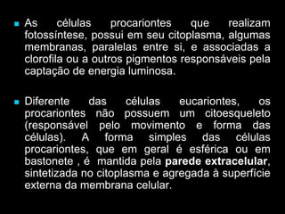  As células procariontes que realizam
fotossíntese, possui em seu citoplasma, algumas
membranas, paralelas entre si, e associadas a
clorofila ou a outros pigmentos responsáveis pela
captação de energia luminosa.
 Diferente das células eucariontes, os
procariontes não possuem um citoesqueleto
(responsável pelo movimento e forma das
células). A forma simples das células
procariontes, que em geral é esférica ou em
bastonete , é mantida pela parede extracelular,
sintetizada no citoplasma e agregada à superfície
externa da membrana celular.
 