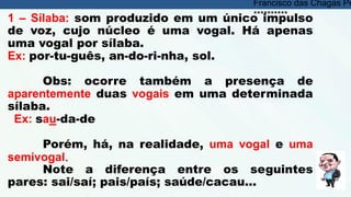 1 – Sílaba: som produzido em um único impulso
de voz, cujo núcleo é uma vogal. Há apenas
uma vogal por sílaba.
Ex: por-tu-guês, an-do-ri-nha, sol.
Obs: ocorre também a presença de
aparentemente duas vogais em uma determinada
sílaba.
Ex: sau-da-de
Porém, há, na realidade, uma vogal e uma
semivogal.
Note a diferença entre os seguintes
pares: sai/saí; pais/país; saúde/cacau...
Francisco das Chagas Pe
**********
 