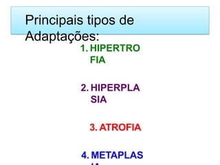 Principais tipos de
Adaptações:
1. HIPERTRO
FIA
2. HIPERPLA
SIA
3. ATROFIA
4. METAPLAS
 