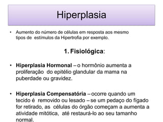 Hiperplasia
• Aumento do número de células em resposta aos mesmo
tipos de estímulos da Hipertrofia por exemplo.
1. Fisiológica:
• Hiperplasia Hormonal – o hormônio aumenta a
proliferação do epitélio glandular da mama na
puberdade ou gravidez.
• Hiperplasia Compensatória – ocorre quando um
tecido é removido ou lesado – se um pedaço do fígado
for retirado, as células do órgão começam a aumenta a
atividade mitótica, até restaurá-lo ao seu tamanho
normal.
 