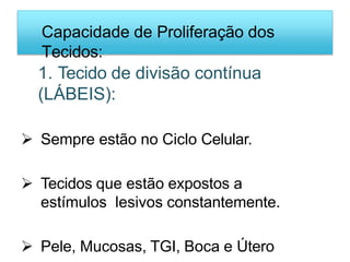 Capacidade de Proliferação dos
Tecidos:
1. Tecido de divisão contínua
(LÁBEIS):
 Sempre estão no Ciclo Celular.
 Tecidos que estão expostos a
estímulos lesivos constantemente.
 Pele, Mucosas, TGI, Boca e Útero
 