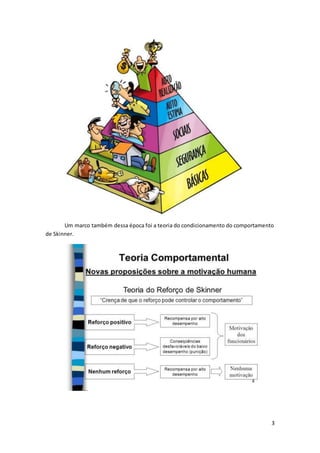 3
Um marco também dessa época foi a teoria do condicionamento do comportamento
de Skinner.
 