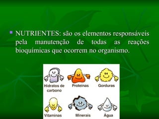  NUTRIENTES: são os elementos responsáveis
NUTRIENTES: são os elementos responsáveis
pela manutenção de todas as reações
pela manutenção de todas as reações
bioquímicas que ocorrem no organismo.
bioquímicas que ocorrem no organismo.
 