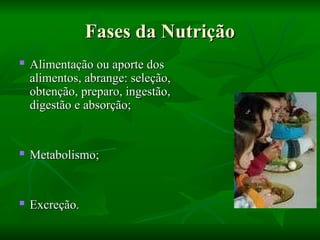 Fases da Nutrição
Fases da Nutrição
 Alimentação ou aporte dos
Alimentação ou aporte dos
alimentos, abrange: seleção,
alimentos, abrange: seleção,
obtenção, preparo, ingestão,
obtenção, preparo, ingestão,
digestão e absorção;
digestão e absorção;
 Metabolismo;
Metabolismo;
 Excreção.
Excreção.
 