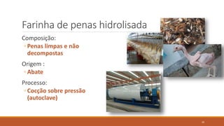 Farinha de penas hidrolisada
Composição:
◦ Penas limpas e não
decompostas
Origem :
◦ Abate
Processo:
◦ Cocção sobre pressão
(autoclave)
26
 
