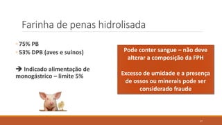 Farinha de penas hidrolisada
Pode conter sangue – não deve
alterar a composição da FPH
Excesso de umidade e a presença
de ossos ou minerais pode ser
considerado fraude
◦ 75% PB
◦ 53% DPB (aves e suínos)
 Indicado alimentação de
monogástrico – limite 5%
27
 