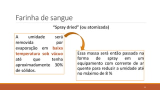 Farinha de sangue
“Spray dried” (ou atomizada)
Essa massa será então passada na
forma de spray em um
equipamento com corrente de ar
quente para reduzir a umidade até
no máximo de 8 %
A umidade será
removida por
evaporação em baixa
temperatura sob vácuo
até que tenha
aproximadamente 30%
de sólidos.
41
 
