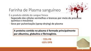 Farinha de Plasma sanguíneo
É o produto obtido do sangue fresco
◦ Separado das células vermelhas e brancas por meio de processo
químico e mecânico
◦ Seco por pulverização (spray-drying) do plasma
◦ 72% PB
◦ 65% DPB
A proteína contida no plasma é formada principalmente
por albumina, globulina e fibrinogênio.
44
 