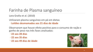 Farinha de Plasma sanguíneo
Lora Graña et al. (2010)
Utilizaram plasma sanguíneo em pó em dietas
◦ Leitões desmamados aos 21 dias de idade
Observaram que houve efeito positivo para o consumo de ração e
ganho de peso nas três fases analisadas:
◦ 22 aos 28 dias
◦ 22 aos 35 dias
◦ 22 aos 49 dias de idade
47
 