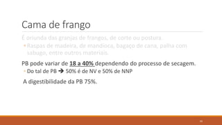 Cama de frango
É oriunda das granjas de frangos, de corte ou postura.
◦ Raspas de madeira, de mandioca, bagaço de cana, palha com
sabugo, entre outros materiais.
PB pode variar de 18 a 40% dependendo do processo de secagem.
◦ Do tal de PB  50% é de NV e 50% de NNP
A digestibilidade da PB 75%.
62
 