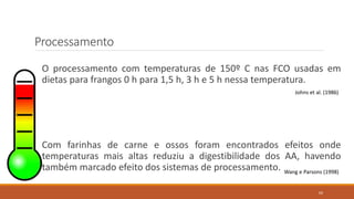 Processamento
O processamento com temperaturas de 150º C nas FCO usadas em
dietas para frangos 0 h para 1,5 h, 3 h e 5 h nessa temperatura.
Com farinhas de carne e ossos foram encontrados efeitos onde
temperaturas mais altas reduziu a digestibilidade dos AA, havendo
também marcado efeito dos sistemas de processamento.
Johns et al. (1986)
Wang e Parsons (1998)
69
 