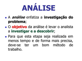 ANÁLISE
 A análise enfatiza a investigação do
problema;
 O objetivo da análise é levar o analista
a investigar e a descobrir;
 Para que esta etapa seja realizada em
menos tempo e de forma mais precisa,
deve-se ter um bom método de
trabalho.
 