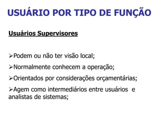 Usuários Supervisores
Podem ou não ter visão local;
Normalmente conhecem a operação;
Orientados por considerações orçamentárias;
Agem como intermediários entre usuários e
analistas de sistemas;
USUÁRIO POR TIPO DE FUNÇÃO
 