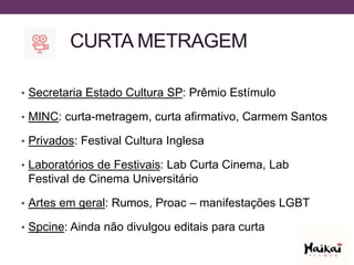 CURTA METRAGEM
• Secretaria Estado Cultura SP: Prêmio Estímulo
• MINC: curta-metragem, curta afirmativo, Carmem Santos
• Privados: Festival Cultura Inglesa
• Laboratórios de Festivais: Lab Curta Cinema, Lab
Festival de Cinema Universitário
• Artes em geral: Rumos, Proac – manifestações LGBT
• Spcine: Ainda não divulgou editais para curta
 