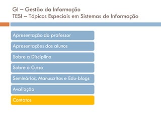 GI – Gestão da Informação TESI – Tópicos Especiais em Sistemas de Informação 