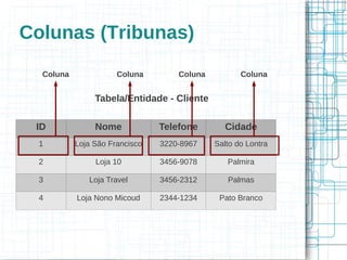 Colunas (Tribunas)
  Coluna              Coluna        Coluna          Coluna


                Tabela/Entidade - Cliente

 ID             Nome            Telefone       Cidade
  1        Loja São Francisco   3220-8967    Salto do Lontra

  2             Loja 10         3456-9078       Palmira

  3           Loja Travel       3456-2312       Palmas

  4        Loja Nono Micoud     2344-1234     Pato Branco
 