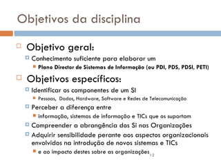 Objetivos da disciplina Objetivo geral:  Conhecimento suficiente para elaborar um  Plano Director de Sistemas de Informação (ou PDI, PDS, PDSI, PETI) Objetivos específicos: Identificar os componentes de um SI Pessoas,  Dados, Hardware, Software e Redes de Telecomunicação Perceber a diferença entre  informação, sistemas de informação e TICs que os suportam Compreender a abrangência dos Si nas Organizações Adquirir sensibilidade perante aos aspectos organizacionais envolvidos na introdução de novos sistemas e TICs  e ao impacto destes sobre as organizações 