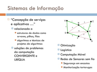 Sistemas de Informação “ Concepção de serviços e aplicativos …” relacionada a estruturas de dados como arvores, pilhas, filas algoritmos e técnicas de projetos de algoritmos soluções de problemas da computação CONVERGENTE e UBÍQUA Otimização Logística Computação Móvel Redes de Sensores sem fio Segurança em encostas Monitorização tartarugas 