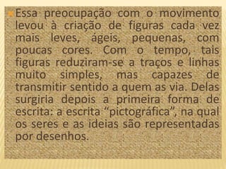Essa preocupação com o movimento
levou à criação de figuras cada vez
mais leves, ágeis, pequenas, com
poucas cores. Com o tempo, tais
figuras reduziram-se a traços e linhas
muito simples, mas capazes de
transmitir sentido a quem as via. Delas
surgiria depois a primeira forma de
escrita: a escrita “pictográfica”, na qual
os seres e as ideias são representadas
por desenhos.
 