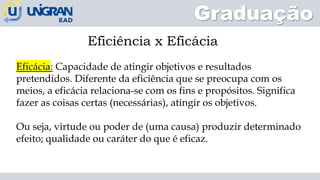 Graduação
Eficiência x Eficácia
Eficácia: Capacidade de atingir objetivos e resultados
pretendidos. Diferente da eficiência que se preocupa com os
meios, a eficácia relaciona-se com os fins e propósitos. Significa
fazer as coisas certas (necessárias), atingir os objetivos.
Ou seja, virtude ou poder de (uma causa) produzir determinado
efeito; qualidade ou caráter do que é eficaz.
 