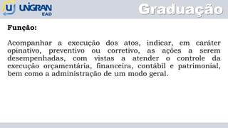 Graduação
Função:
Acompanhar a execução dos atos, indicar, em caráter
opinativo, preventivo ou corretivo, as ações a serem
desempenhadas, com vistas a atender o controle da
execução orçamentária, financeira, contábil e patrimonial,
bem como a administração de um modo geral.
 
