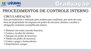 Graduação
PROCEDIMENTOS DE CONTROLE INTERNO
CIRCULARIZAÇÃO:
Esse procedimento é utilizado pelo auditor para confirmar, por meio de carta,
bens de propriedade da empresa em poder de terceiros, direitos a receber e
obrigações conforme exemplificada abaixo:
• Dinheiro em conta corrente bancária;
• Contas a receber de clientes;
• Estoque em poder de terceiros;
• Títulos em poder de terceiros;
• Contas a pagar a fornecedores;
• Empréstimos a pagar.
 