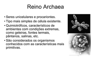 Reino Archaea 
•Seres unicelulares e procariontes. 
•Tipo mais simples de célula existente. 
•Quimiotróficos, característicos de ambientes com condições extremas, como geleiras, fontes termais, pântanos, salinas, etc. 
•São considerados os organismos conhecidos com as características mais primitivas.  