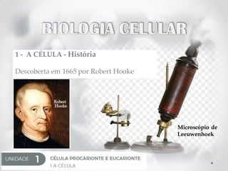 1 - A CÉLULA - História
Descoberta em 1665 por Robert Hooke
Microscópio de
Leeuwenhoek
 