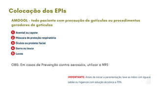 Colocação dos EPIs
AMOGOL - todo paciente com precaução de gotículas ou procedimentos
geradores de gotículas
OBS: Em casos de Prevenção contra aerossóis, utilizar a N95
 