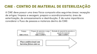 A CME deve possuir uma área física composta elas seguintes áreas: recepção
de artigos; limpeza e secagem; preparo e acondicionamento; área de
esterilização, de armazenamento e destribuição. É de suma importância
considerar o fluxo de pessoas e materiais dentro da CME:
CME - CENTRO DE MATERIAL DE ESTERILIZAÇÃO
 