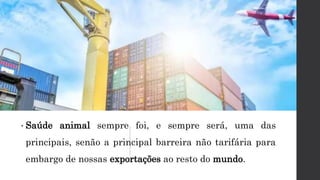 • Saúde animal sempre foi, e sempre será, uma das
principais, senão a principal barreira não tarifária para
embargo de nossas exportações ao resto do mundo.
 