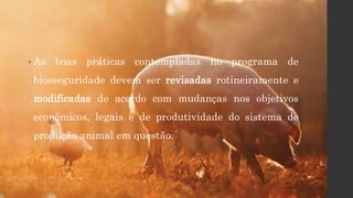 • As boas práticas contempladas no programa de
biosseguridade devem ser revisadas rotineiramente e
modificadas de acordo com mudanças nos objetivos
econômicos, legais e de produtividade do sistema de
produção animal em questão.
 