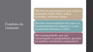 Conduta do
visitante
Manter-se apresentável, com cabelos
aparados, barba feita, unhas
cortadas, uniforme limpo
Receber recomendações de como é o
funcionamento da empresa e o que
acontecerá durante a visita
Ser acompanhado, por um
encarregado ou proprietário, gerente
ou médico veterinário responsável
 