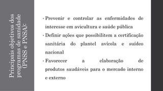 Principais
objetivos
dos
programas
de
sanidade
(PNSS
e
PNSA):
• Prevenir e controlar as enfermidades de
interesse em avicultura e saúde pública
• Definir ações que possibilitem a certificação
sanitária do plantel avícola e suídeo
nacional
• Favorecer a elaboração de
produtos saudáveis para o mercado interno
e externo
 