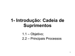 1- Introdução: Cadeia de Suprimentos 1.1 – Objetivo; 2.2 – Principais Processos 