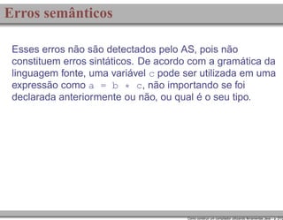 Erros semânticos
Esses erros não são detectados pelo AS, pois não
constituem erros sintáticos. De acordo com a gramática da
linguagem fonte, uma variável c pode ser utilizada em uma
expressão como a = b * c, não importando se foi
declarada anteriormente ou não, ou qual é o seu tipo.

Como construir um compilador utilizando ferramentas Java – p. 21/2

 