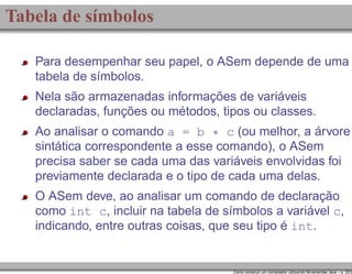 Tabela de símbolos
Para desempenhar seu papel, o ASem depende de uma
tabela de símbolos.
Nela são armazenadas informações de variáveis
declaradas, funções ou métodos, tipos ou classes.
Ao analisar o comando a = b * c (ou melhor, a árvore
sintática correspondente a esse comando), o ASem
precisa saber se cada uma das variáveis envolvidas foi
previamente declarada e o tipo de cada uma delas.
O ASem deve, ao analisar um comando de declaração
como int c, incluir na tabela de símbolos a variável c,
indicando, entre outras coisas, que seu tipo é int.

Como construir um compilador utilizando ferramentas Java – p. 22/2

 